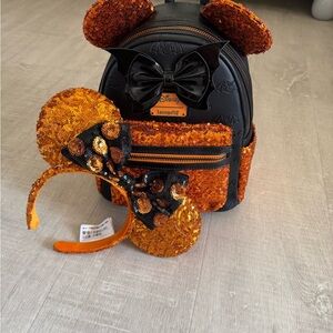 Loungefly Disney Minnie Mouse Halloween Bat Sequin Mini Backpack and ears set
